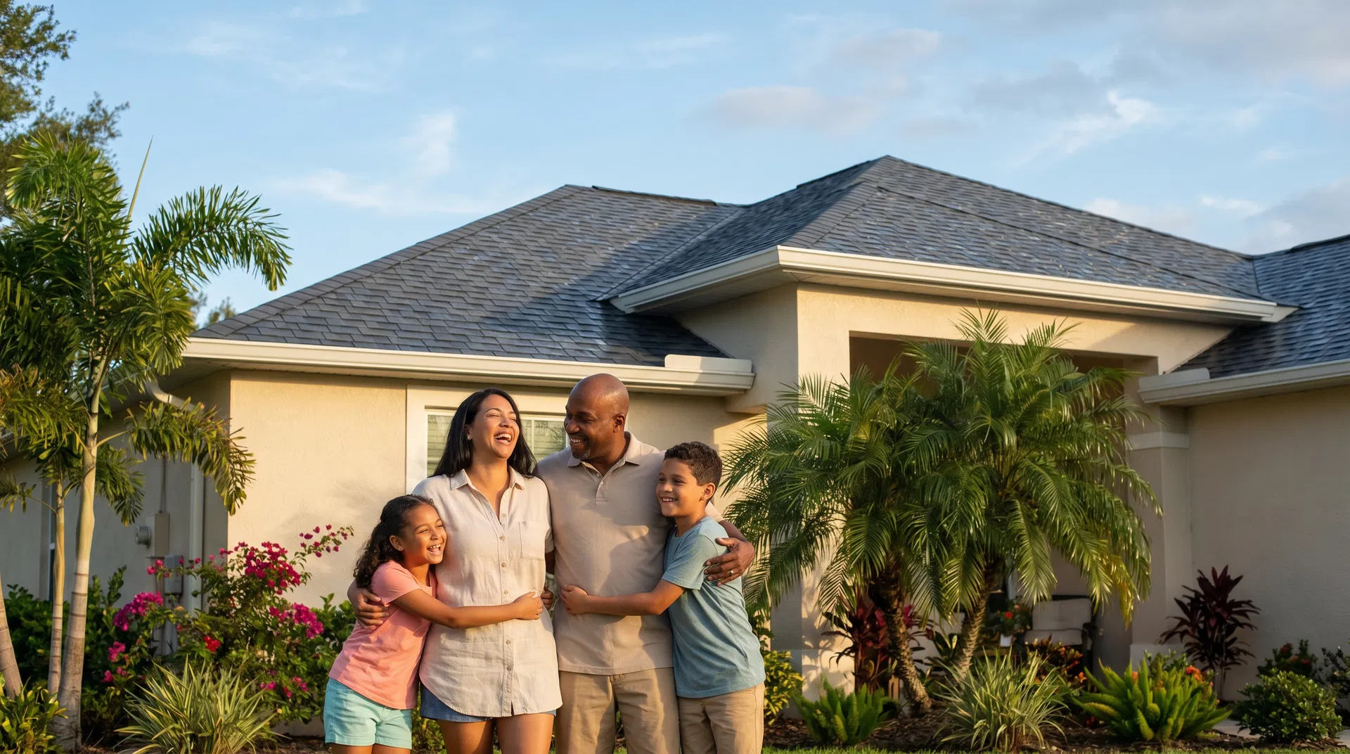 Happy family in front of their home