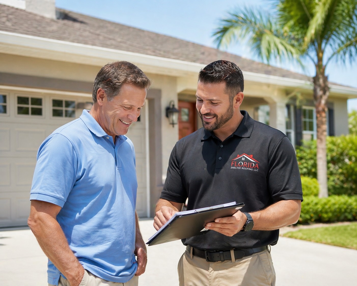Florida Shelter Roofing team consulting with homeowner
